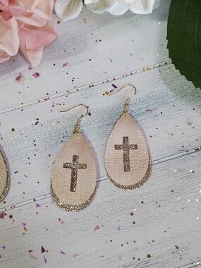 Leather Gold Teardrop Cross Earrings